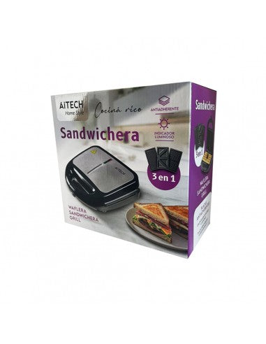 Sandwichera Waflera Grill Aitech Eléctrica 3 En 1 Antiadherente 220v